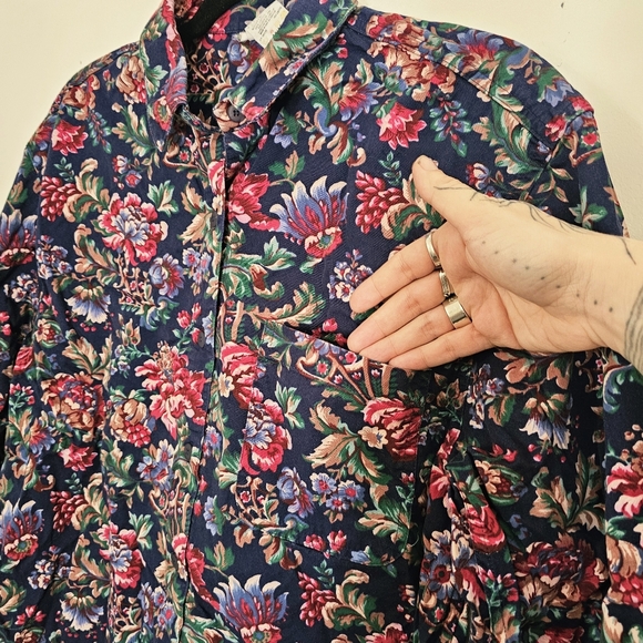 Vintage 90s Y2K Botanical Floral Navy Blue Womens 100% Cotton Button Up Shirt - Picture 4 of 13